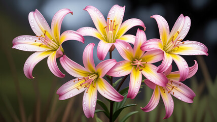 Close-up photograph of five pink lilies with yellow centers, showcasing floral beauty in nature's embrace