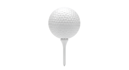 A solitary white golf ball perched atop a tee against a stark black background in a studio shot