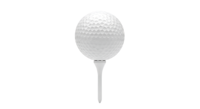 A solitary white golf ball perched atop a tee against a stark black background in a studio shot - Powered by Adobe