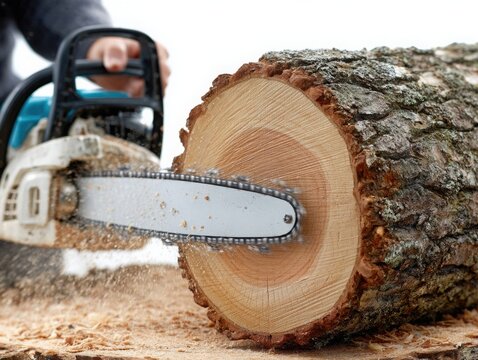 Man cutting wood log with chainsaw in outdoor environment  