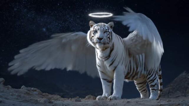 A celestial white tiger with wings and halo stands on rugged rocks beneath a starry night sky above