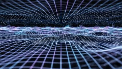 Futuristic neon wave grid with glowing particles and fluid motion, creating a minimalist abstract digital background inspired by modern big-data visualization
