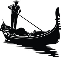 Fototapeta premium Silhouette of gondolier rowing gondola with passenger on water