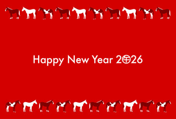 2026年午年の年賀状(赤と白の馬模様フレーム)