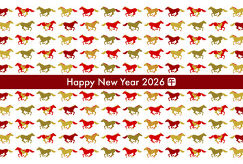 2026年午年の年賀状(赤と金の走る馬模様)