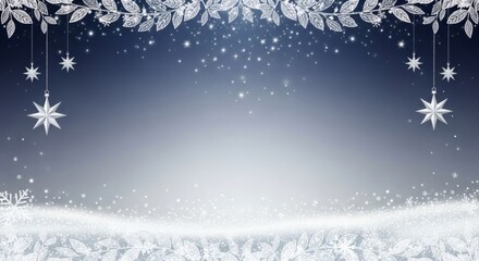 Serene winter background with silver leaves and stars.