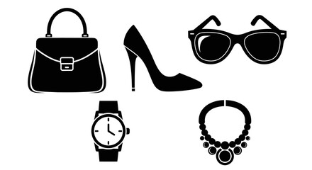 Elegant Fashion Accessories - Handbag, High Heel, Sunglasses, Watch, Necklace.