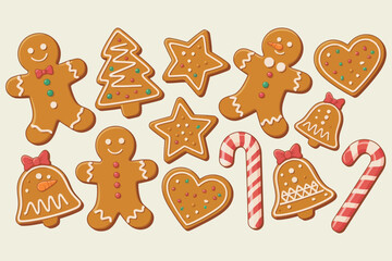 Festive collection of gingerbread cookies and candy canes for christmas holidays
