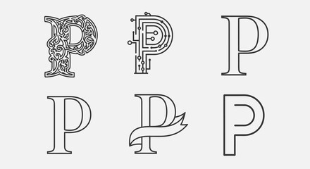 Six variations of the letter P in different styles and designs.