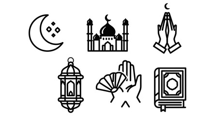 Naklejka premium Ramadan Icons - Crescent Moon, Mosque, Prayer, Lantern, Fan, and Quran.