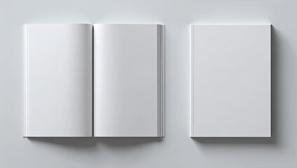 Two blank books, one open displaying empty pages, minimal white background