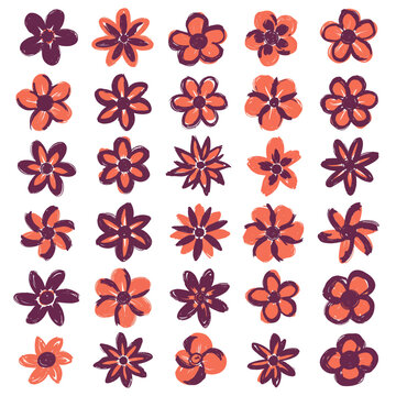 A vibrant collection of thirty hand-drawn botanical flower illustrations in a whimsical doodle style. Isolated sketchy vector elements for creative design