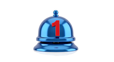 A blue service bell with red number one on top isolated against a black background in a studio shot