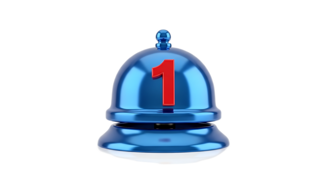 A blue service bell with red number one on top isolated against a black background in a studio shot