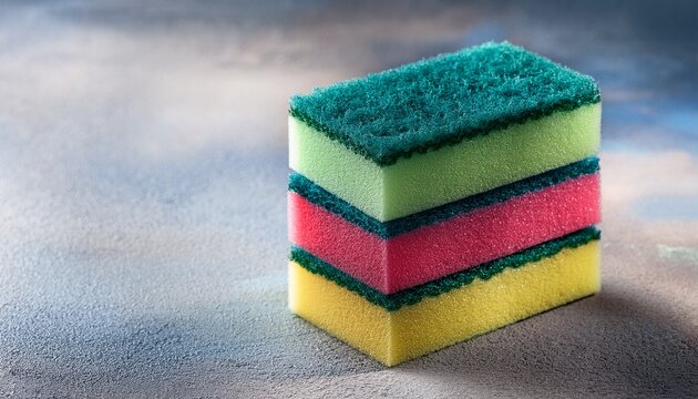 stack of colorful cleaning sponges on a textured surface - Powered by Adobe