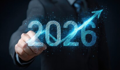 Businessman points to rising trend for 2026 with glowing numbers