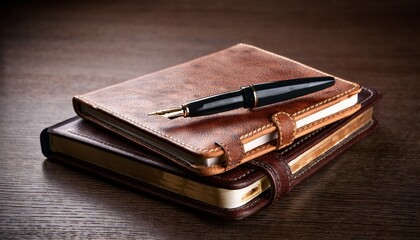 stack of leather bound notebooks with a fountain pen