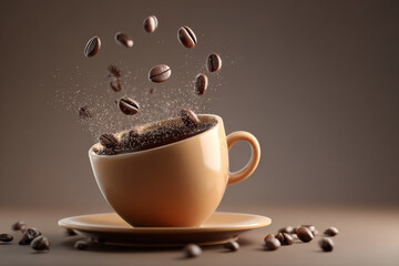 Obraz premium Roasted coffee beans cascade into a beige cup filled with dark liquid creating a dynamic splash on a brown background