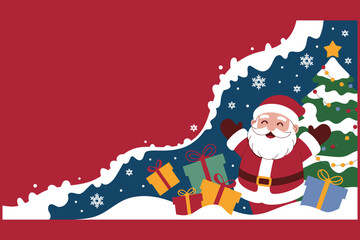 Santa claus and gifts peeking from behind a snowy christmas tree on a red background