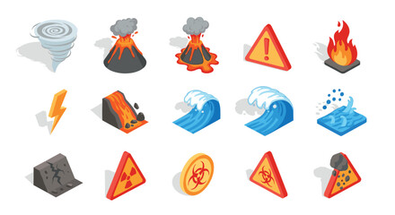 Isometric natural disasters and hazard symbols for emergency preparedness