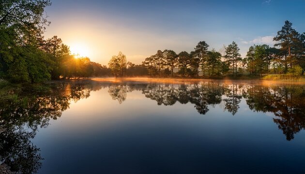 tranquil lake at dawn with mirrored reflections of trees