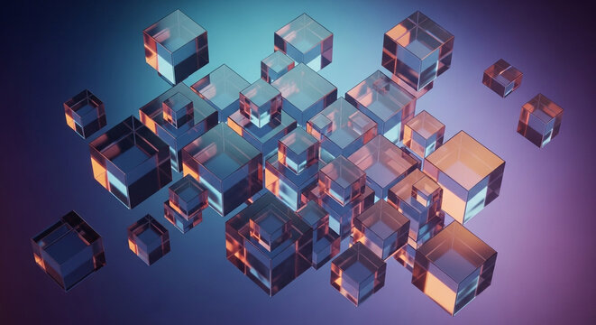 Stunning 3D glass cubes floating in vibrant blue and purple light create a modern, elegant background for tech, science, or innovative business concepts