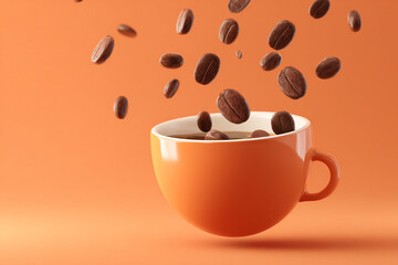 Obraz premium Roasted coffee beans gracefully fall into a vibrant orange cup filled with fresh hot coffee against a warm monochrome background