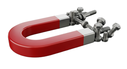 A red horseshoe magnet attracting multiple silver bolts against a black background in a studio shot