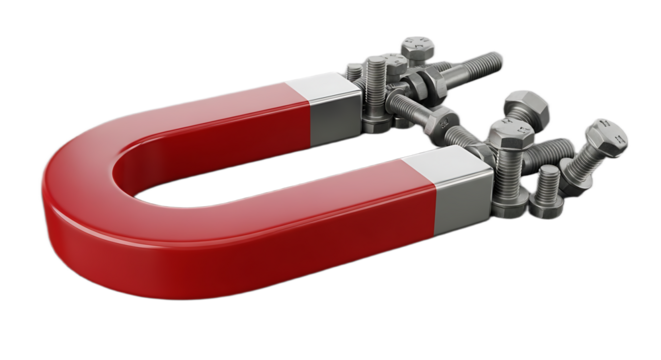 A red horseshoe magnet attracting multiple silver bolts against a black background in a studio shot