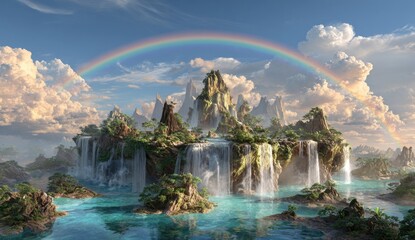 Lush island with waterfalls, rainbow arcs overhead