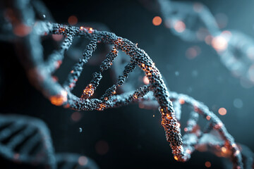 A stylized molecular double helix structure featuring intricate details and glowing orange points on a dark background showcasing genetic complexity