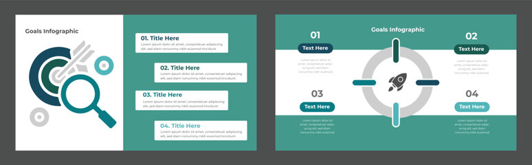 Obraz premium Teal Business Goals Infographic with Target, Rocket, Four Steps and Search Icon