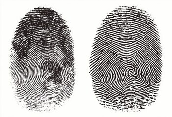 Two fingerprints side-by-side, showing whorl patterns in black ink on white