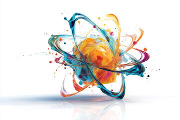 Vibrant liquid splashes form an abstract atom-like design in brilliant orange blue and yellow against a crisp white background with subtle reflections