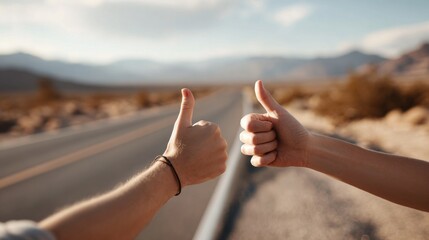 hands of young couple thumbs up and beautiful road on the background, hitchhiking concept