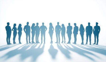 Silhouettes of business people standing in row on white background with blue shadows representing team or employees concept for corporate identity.