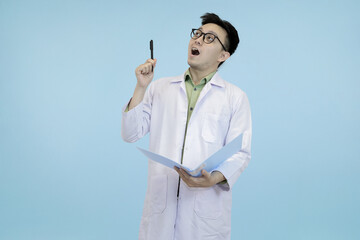 An Asian scientist or doctor in a lab coat posing deep thought, uncertainty, or complex...