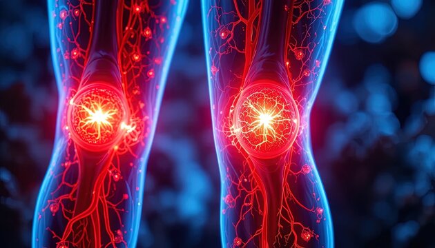 Radiant knee joint illustration for medical or health concept, showcasing intricate anatomical structures in vibrant red and blue, emphasizing pain and inflammation