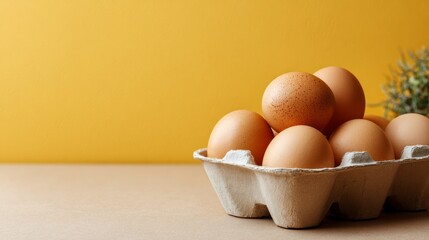 raw eggs in a carton box on bright yellow background with copy space