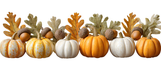 Elegant autumn harvest display with pumpkins, acorns, and fall leaves, perfect for Thanksgiving table decor and seasonal greetings