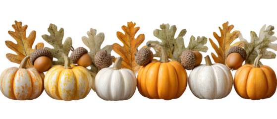 Elegant autumn harvest display with pumpkins, acorns, and fall leaves, perfect for Thanksgiving table decor and seasonal greetings
