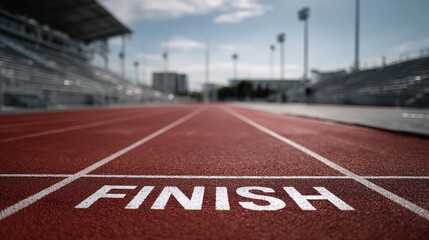 close up of finish line on the red track of modern stadium