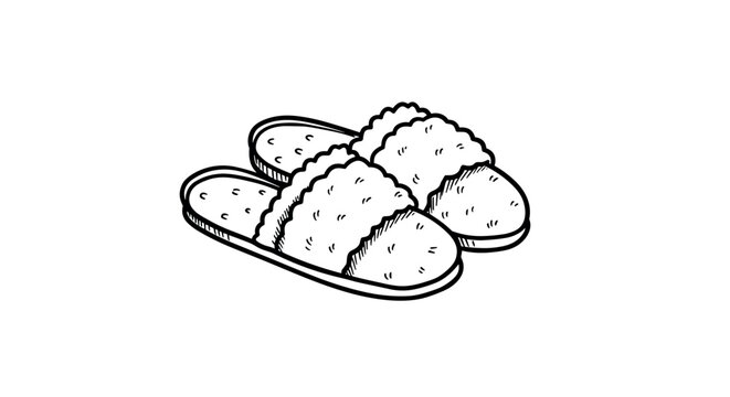 Cozy fluffy slippers sketch in black and white on white background
