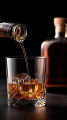 Close-up of whiskey flowing from a bottle into a glass against a dark black background