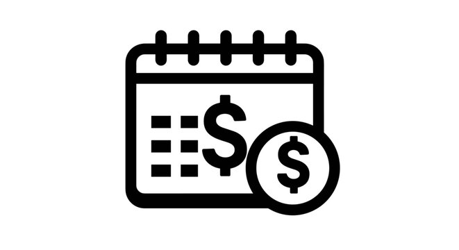 Financial icon calendar with dollar sign in bold black outline design