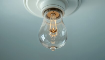 Burnt filament close-up inside a clear incandescent bulb still mounted in ceiling lamp