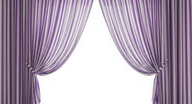 Decorative purple and white striped curtains tied back elegant isolated on transparent background - Powered by Adobe