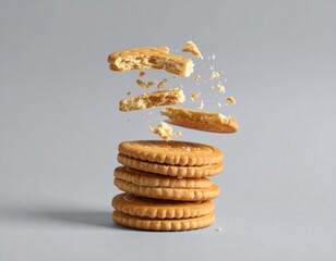 Stack of crunchy biscuits with broken pieces floating in mid-air and crumbs scattering on a gray background, captured in a clean minimal food concept.