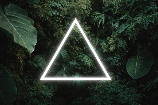 Neon triangle outline shining amidst lush, dark green foliage background - Powered by Adobe