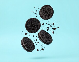 Close-up of cream-filled chocolate cookies shattering and drifting, set against a simple, vibrant blue background.